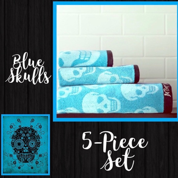 NWT Betsey Johnson 5- Piece Towel Set Aqua Skulls - Picture 6 of 6
